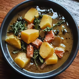 there are two bowls of soup with potatoes and sausage
