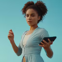 a woman standing and holding a tablet computer