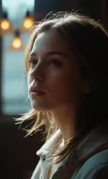 the young woman is looking off into the distance