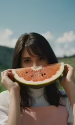 the woman is holding a piece of fruit