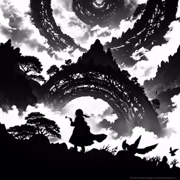 there is an animated image of a woman standing near many other birds