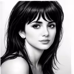 the head and shoulders of a black and white photograph of a woman