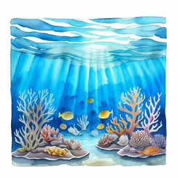 this is a painting of a blue water and coral reef,a painting of an underwater scene with many different types of marine life,an image of an underwater scene painted with watercolor,an aquarium scene with corals and sponges,a painting of corals and fish under water
