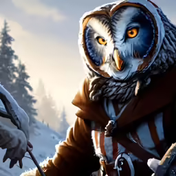 an animated owl in a brown outfit with a sword