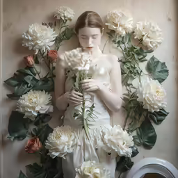 woman in white dress surrounded by white flowers