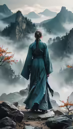 an oriental woman with hair in a bun standing on top of a hill
