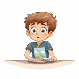 a cartoon kid with his meal in front of him