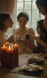 three women standing around the table with candles
