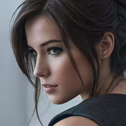 a woman with very dark hair looking to her left