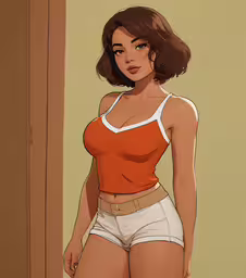 an illustrated woman in a shirt and shorts,girl with short pants and orange top
