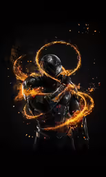 a black and orange photo with a person holding a fire hose