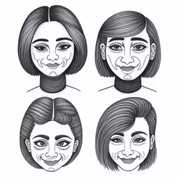 various faces with different hair styles on them,three types of female faces with their mouths open,a person has their faces in three different ways,four drawings of women