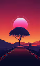 a red sunset, a tree and road are seen in this artistic illustration,an art print with a tree on one side and another on the other side