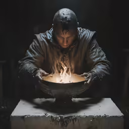a man in the dark holding a bowl of fire