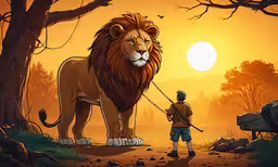 a man with a sword looking at a lion,a cartoon man is standing with a lion