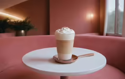 a table with a cup and spoon on it