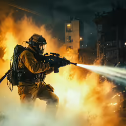a man in yellow uniform sprays water at a large fire