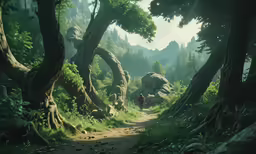a man is walking down a path in a forest