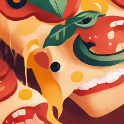a painting of fruit and vegetables in red and green
