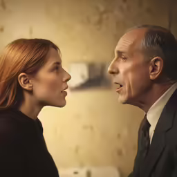 two people facing each other with one man looking at the other