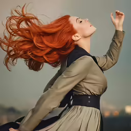 a woman with long, red hair flying through the sky