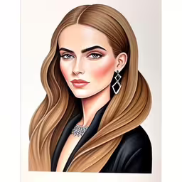 a painting of a woman with long brown hair,the illustration shows a woman with long, shiny blonde hair and large earrings,the girl with long blonde hair has blue eyes and has her long, loose - sided hair pulled up in half,a woman with long, wavy brown hair is in a black outfit and is wearing big earrings,a woman with long blonde hair wearing earrings