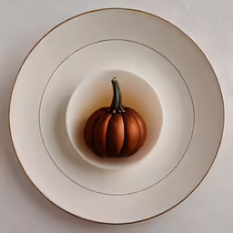two pumpkins in a white bowl on a table