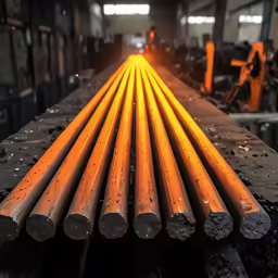 a line of rods sitting in a factory,