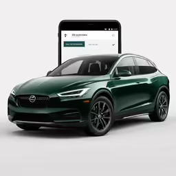 a smart phone is shown next to an electric car
