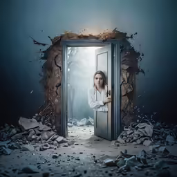 a woman standing in a doorway with debris around her