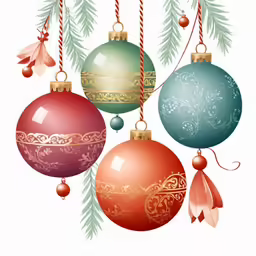 three christmas balls on a tree branch