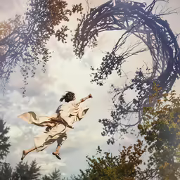 the woman in beige coat is flying above some trees