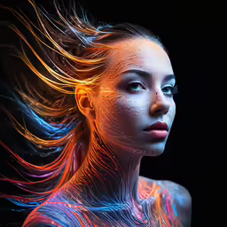 a woman with the image of lines projected on her body