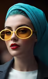 a woman in blue turban and orange tinted glasses