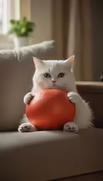 a cat sitting on top of a couch holding an orange ball
