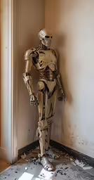 an old mechanical robot standing up against a wall