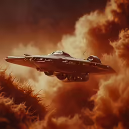 the painting shows an old looking plane in the sky