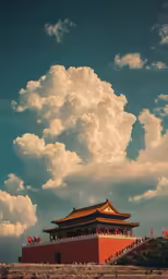 a cloudy sky behind a building with people on it