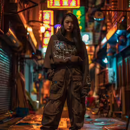 woman wearing an army outfit and standing in the middle of a alleyway at night,a girl is standing on the street wearing a brown outfit