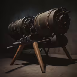 a wine barrel with a wooden tripod and other wooden casks