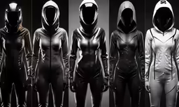 six women in all black suits posing in front of a dark background