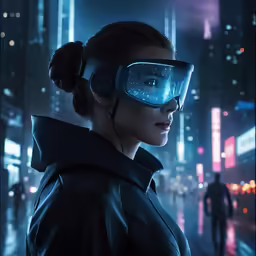 a woman wearing virtual - glasses looks into a window