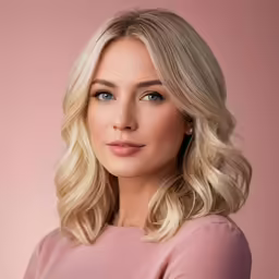 blonde woman with blue eyes looks into camera