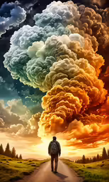 the man walks down a dirt road beneath clouds