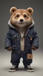 an action figure of a brown bear with denim clothes