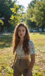 an attractive young lady posing for a photograph in a grassy area
