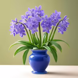 a blue vase with some purple flowers in it