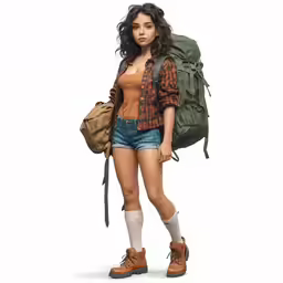 a young woman is holding a backpack and hiking boots