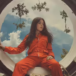a person in orange jumps sitting on top of a wall