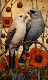 two birds sitting on top of a branch surrounded by flowers